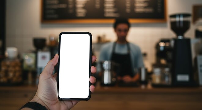 Modern Smartphone Mockup in Hand at Cafe with Blank Screen Display
