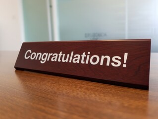 Wooden desk nameplate with the word congratulations engraved in white lettering