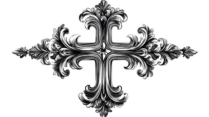 Ornate silver cross symbolizing faith hope and love with floral baroque detailing in a black