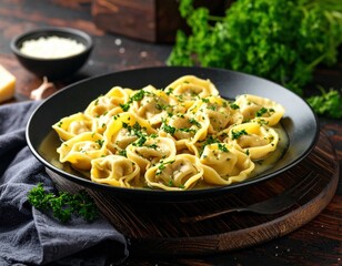 Delicious Creamy Tortellini Pasta Dish On Dark Plate