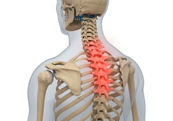 Human spine anatomy with highlighted thoracic vertebrae indicating pain