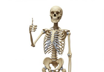 Human skeleton model giving a thumbs up gesture on white background
