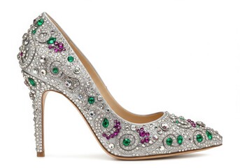 Obraz premium Exquisite silver stiletto heel shoe adorned with sparkling green and purple jewels