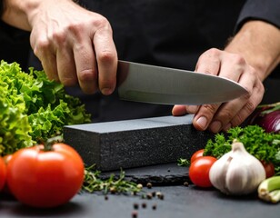 Chef Sharpening Knife On Dark Stone Kitchen Counter