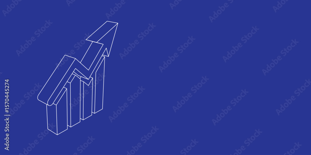 Poster the outline of a large chart up symbol made of white lines on the left. 3d view of the object in per