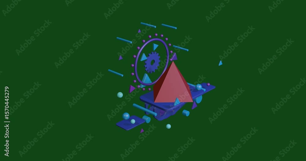 Poster red pyramid on a pedestal of abstract geometric shapes floating in the air. abstract concept art wit