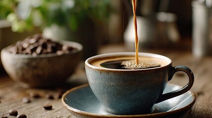 Signature brew meets early espresso and mindful coffee concept. A fresh cup of coffee being poured into a ceramic mug.