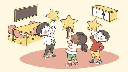 Naklejka premium Illustration of three children holding up golden stars in a classroom with furniture and decor