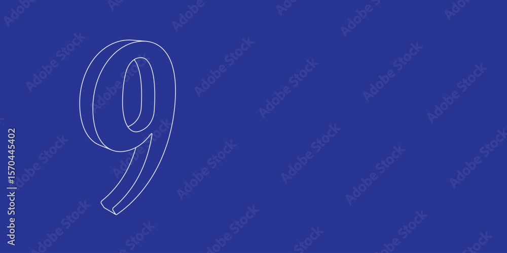 Poster the outline of a large number nine symbol made of white lines on the left. 3d view of the object in 