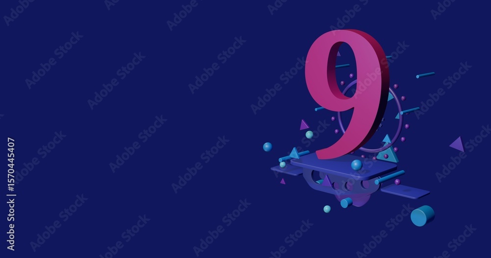 Poster pink number nine symbol on a pedestal of abstract geometric shapes floating in the air. abstract con