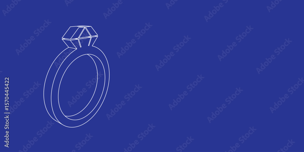 Poster the outline of a large diamond ring symbol made of white lines on the left. 3d view of the object in