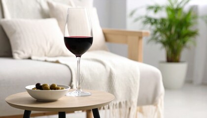 Red Wine In Glass On Wooden Table In Cozy Living Room