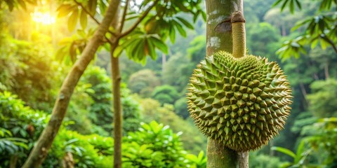 A majestic durian tree standing tall in a lush tropical forest with its distinctive thorny crown and robust trunk