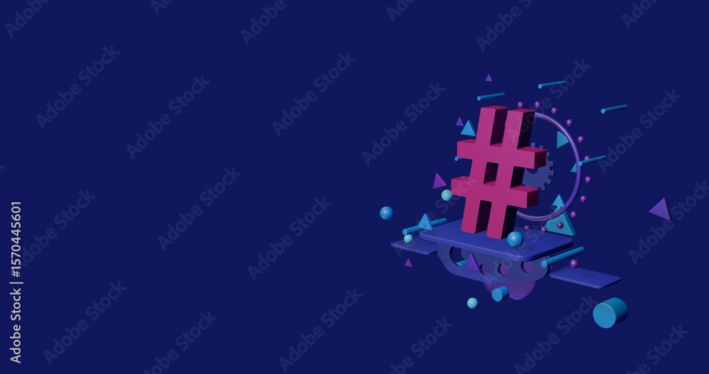 Poster pink hash symbol on a pedestal of abstract geometric shapes floating in the air. abstract concept ar