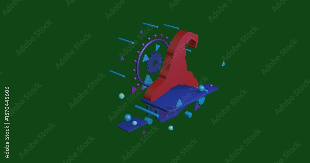 Aufkleber red wizard hat symbol on a pedestal of abstract geometric shapes floating in the air. abstract conce