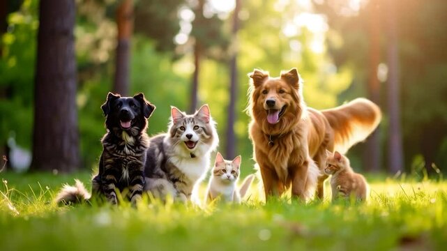 Dogs, cats, and a kitten playing in a park on a sunny day