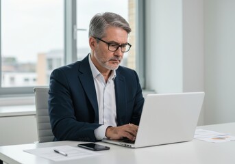Focused businessman with gray hair and glasses working diligently on a laptop in a modern office setting