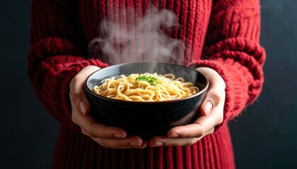 Woman Holding Bowl Of Hot Noodles In Red Sweater