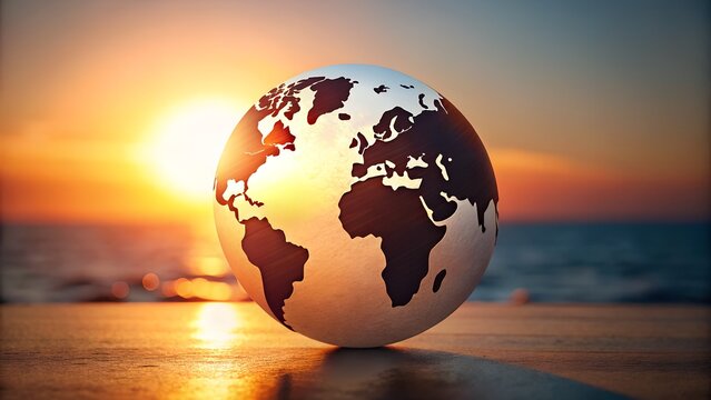 Global Sunrise Earth Globe at Sunset on Beach