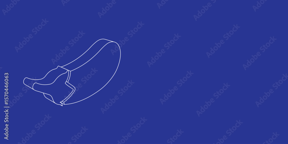 Poster the outline of a large eggplant symbol made of white lines on the left. 3d view of the object in per