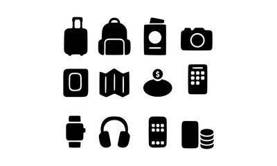 Travel Essentials Icon Set of Luggage, Gadgets, and Accessories for Your Next Adventure