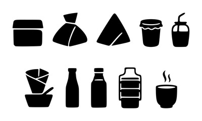 Reusable Food Packaging Icons Eco-Friendly Containers, Bottles, and Cups