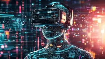 A digital figure wearing a VR headset amidst a futuristic data landscape. - Powered by Adobe