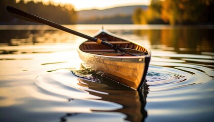 Wooden Canoe On Calm Lake Water At Golden Hour