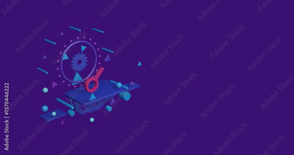 Poster pink astrological connection symbol on a pedestal of abstract geometric shapes floating in the air. 