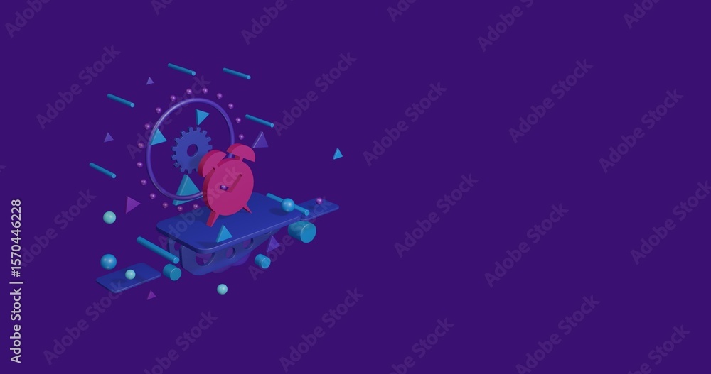 Aufkleber pink alarm clock symbol on a pedestal of abstract geometric shapes floating in the air. abstract con