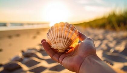 Seashell Held In Hand At Sunset Beach