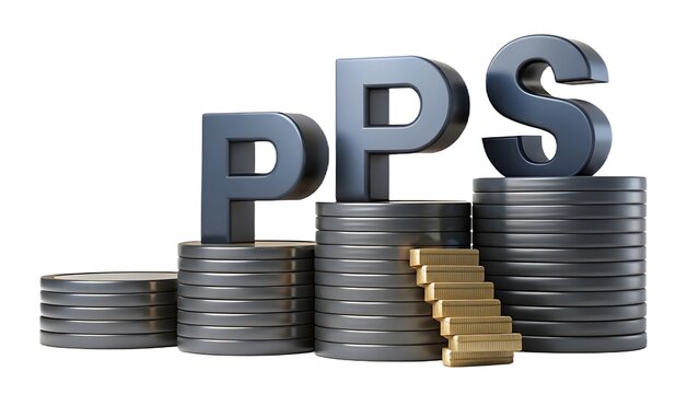 Illustrative representation of pay per sale model with coin stacks and gradual financial growth on a white background 3d render