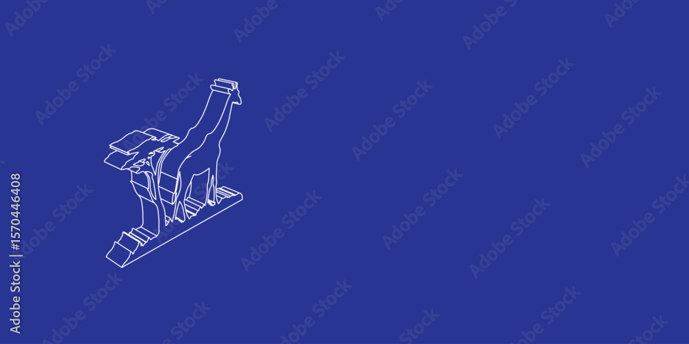 Poster the outline of a large giraffe symbol made of white lines on the left. 3d view of the object in pers