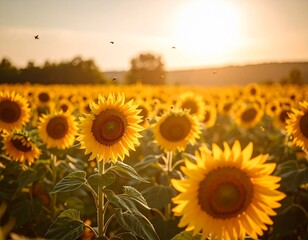 Fototapeta premium Vibrant Sunflower Field at Sunset A Golden Hour Landscape
