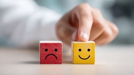 Hand chooses happy face block over sad face block representing positive attitude