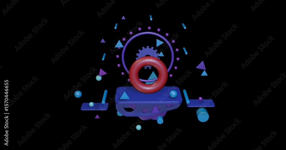 Poster red torus on a pedestal of abstract geometric shapes floating in the air. abstract concept art with 