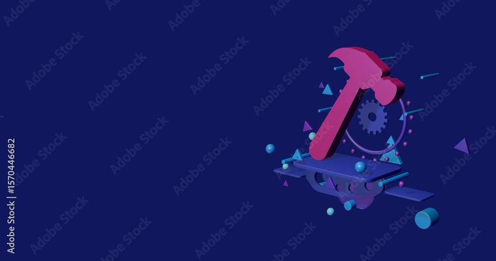 Aufkleber pink hammer symbol on a pedestal of abstract geometric shapes floating in the air. abstract concept 