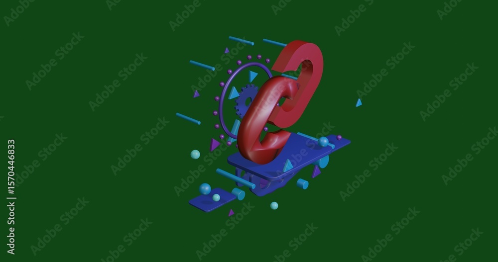 Poster red chain symbol on a pedestal of abstract geometric shapes floating in the air. abstract concept ar