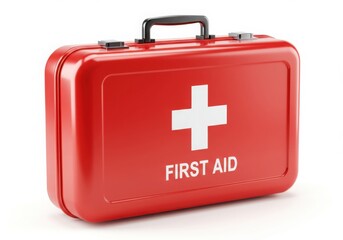 Obraz premium Classic red first aid kit with white cross and text