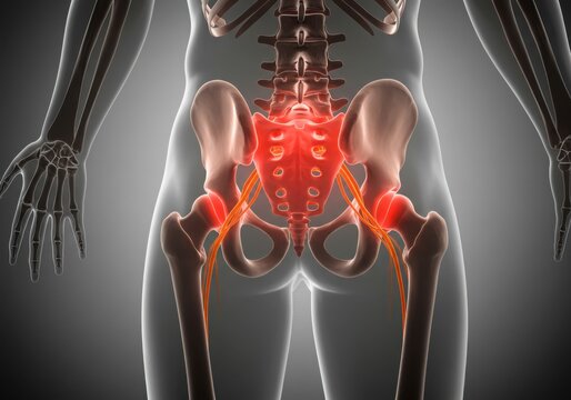 Human pelvis anatomy with sciatic nerve highlighted in red