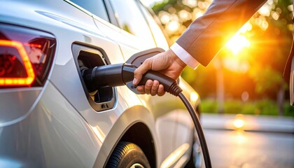 Businessman Charging Electric Vehicle At Sunset