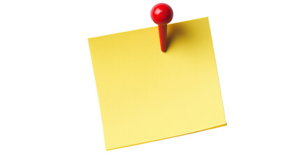 Yellow Sticky Note with Red Pushpin Isolated on Clean White Background

