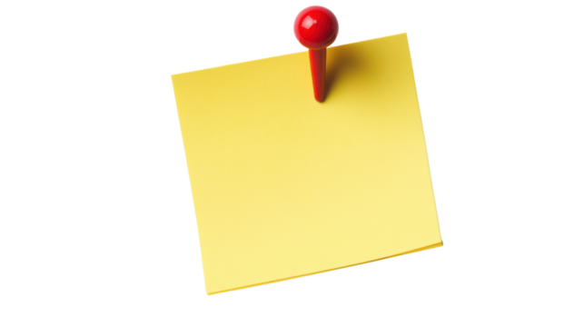 Yellow Sticky Note with Red Pushpin Isolated on Clean White Background

