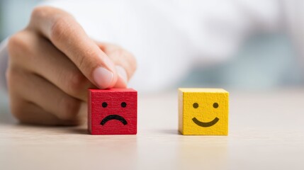 Hand picks a sad face block over a happy face, conveying negative emotion, choice, and decision making.