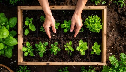 Hands Planting Seedlings In Wooden Garden Box