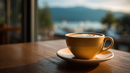 Obraz premium Daily quiet coffee with signature brew and mellow concept. A warm cup of coffee on a wooden table with scenic view.