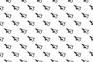 Seamless pattern completely filled with outlines of garden wheelbarrow symbols. Elements are evenly spaced. Illustration on transparent background