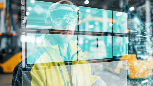 Digitale Fabrikarbeiter mit AR-Brille steuern Produktionsprozesse per Hologramm. K&uuml;nstliche Intelligenz KI