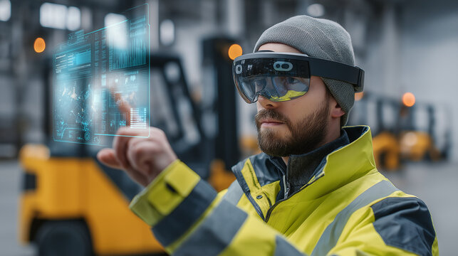 Lagerarbeiter mit AR-Brille nutzt digitale Steuerung in moderner Logistikhalle. Künstliche Intelligenz KI - Powered by Adobe