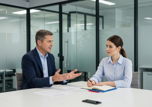 A focused male manager attentively explains a business strategy to a diligent female employee during a meeting